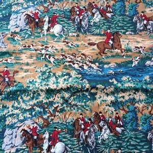 Vtg Cranston VIP Print Works Co Fabric Horse Hunter Hounds Deer 42x84